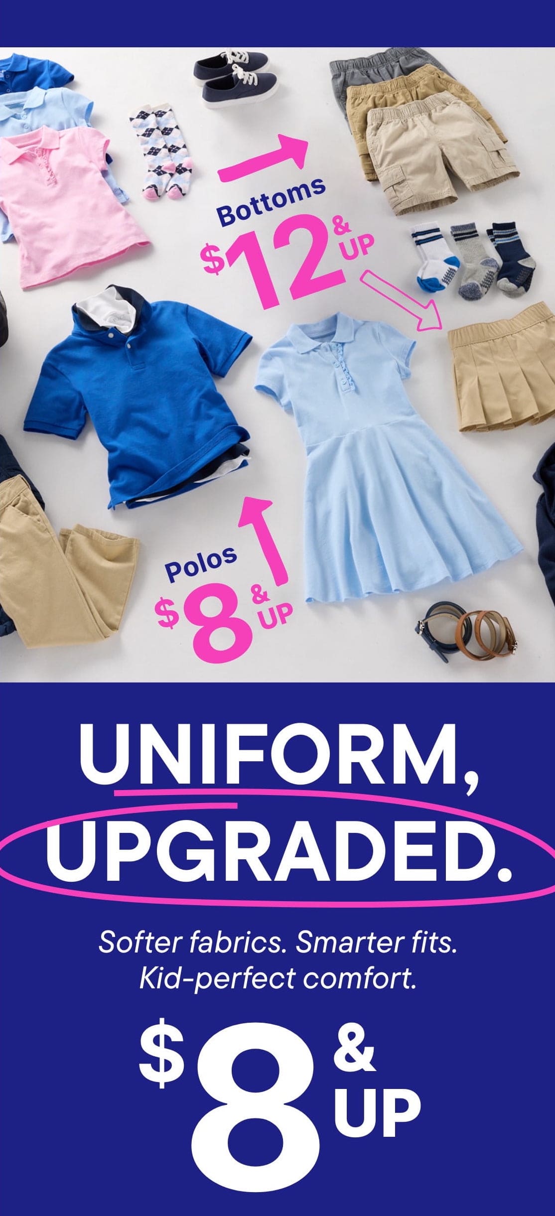 The image displays a variety of children's clothing items, including shirts, pants, dresses, and accessories, arranged on a white background with price tags indicating discounted prices.