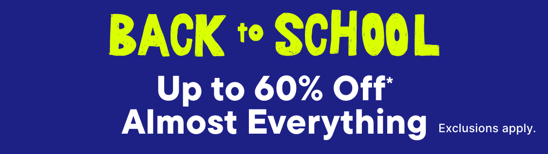 The image displays the text "BACK to SCHOOL 50 Off Almost Everything" against a bright blue background.
