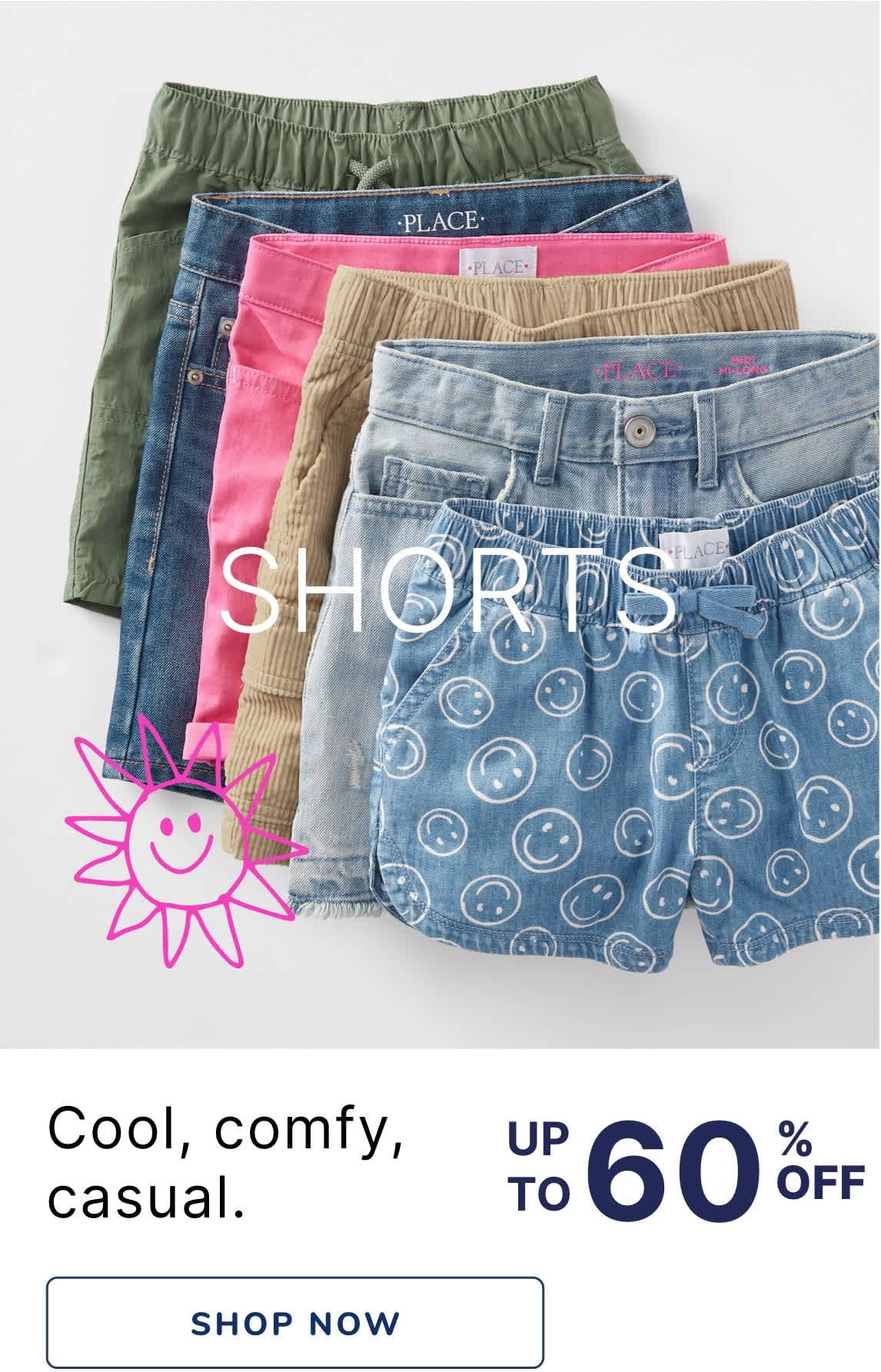 A collection of colorful, casual shorts in various styles and patterns, including denim, corduroy, and printed designs, displayed on a plain background with a price tag indicating they are $5 and up.
