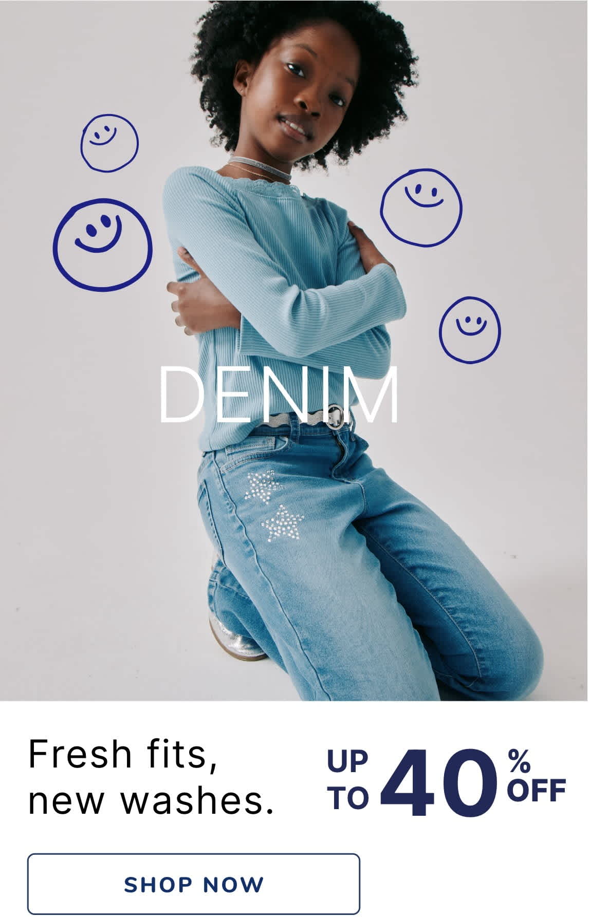 The image features a young woman with curly dark hair wearing a light blue denim jacket and jeans, standing with her arms crossed and a slight smile on her face. The background is a plain white surface, with several blue smiley face icons surrounding her.