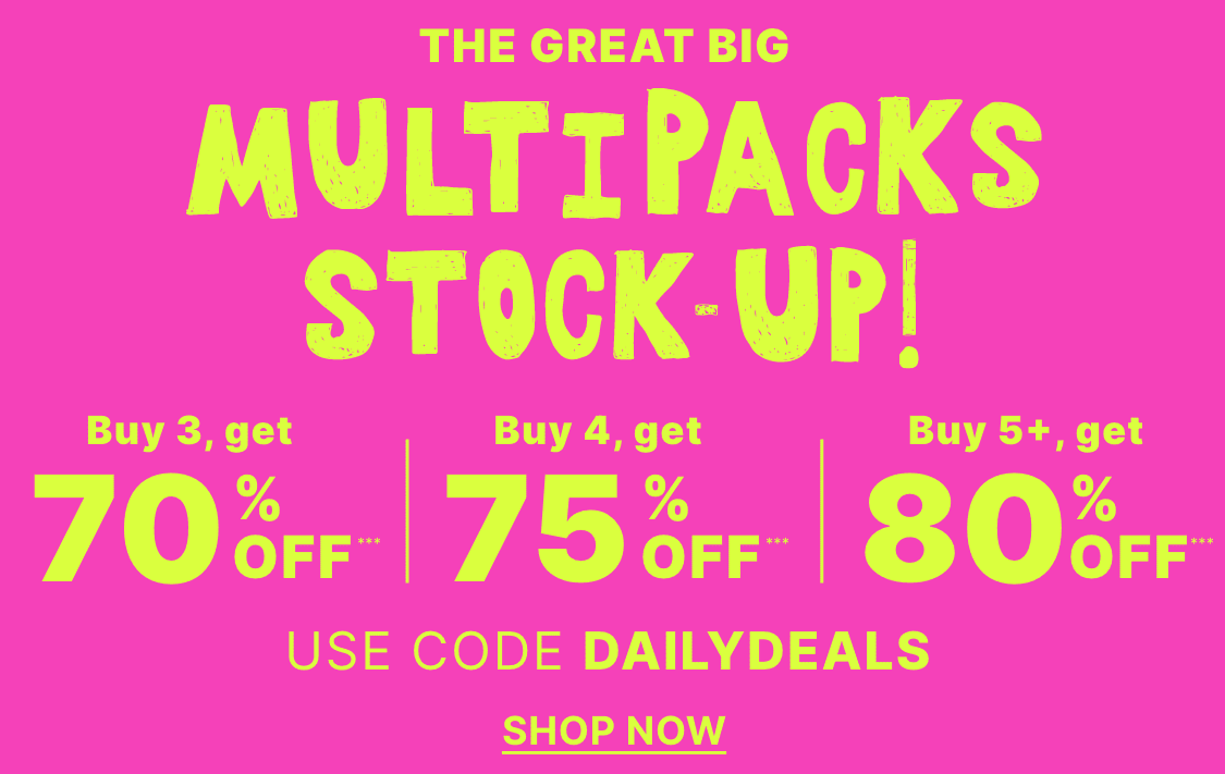 The Great Big Multipacks Stock promotion with discounts of 70%, 75%, and 80% off, displayed against a vibrant pink background.