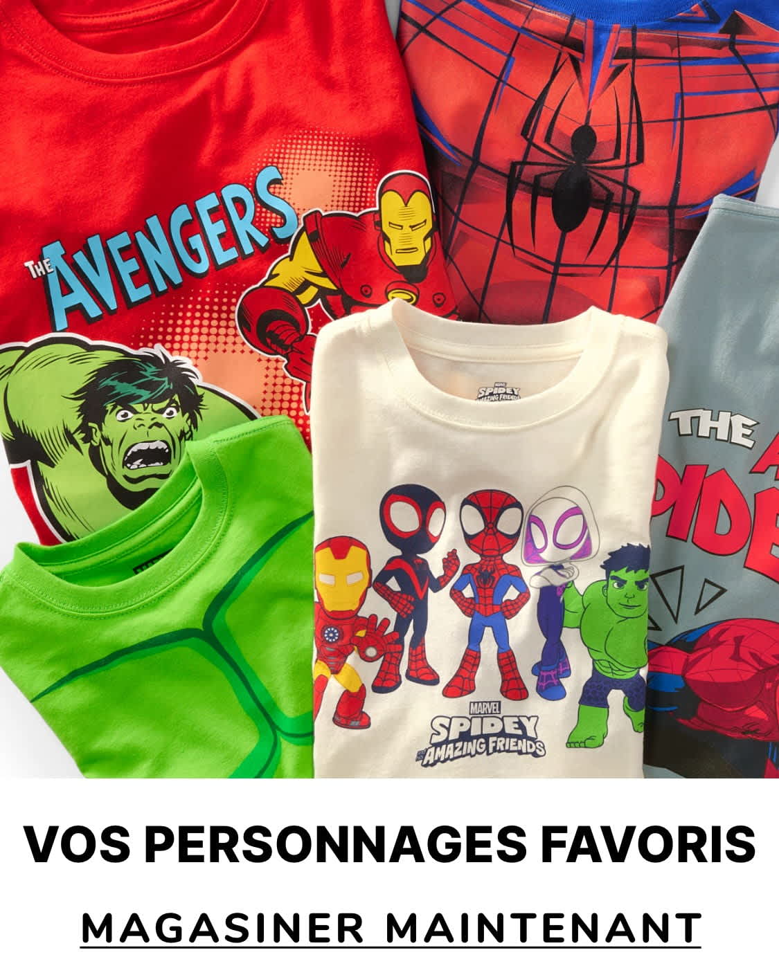 L'image présente divers t-shirts sur le thème des super-héros, notamment des modèles mettant en vedette les personnages des Avengers et de Spider-Man, présentant une collection de produits axés sur les personnages.