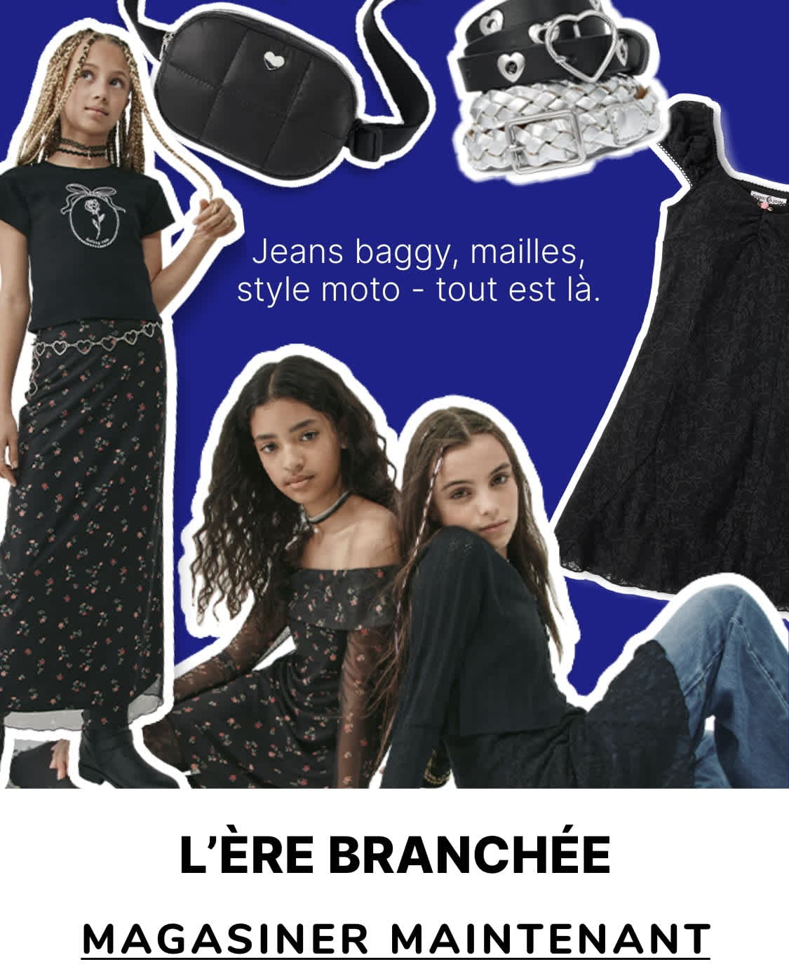 Mesh, moto, denim ample : tout est dans le mix. L'image présente un collage d'articles de mode et deux jeunes femmes posant sur un fond bleu vif, promouvant la tendance « Edgy Era ».