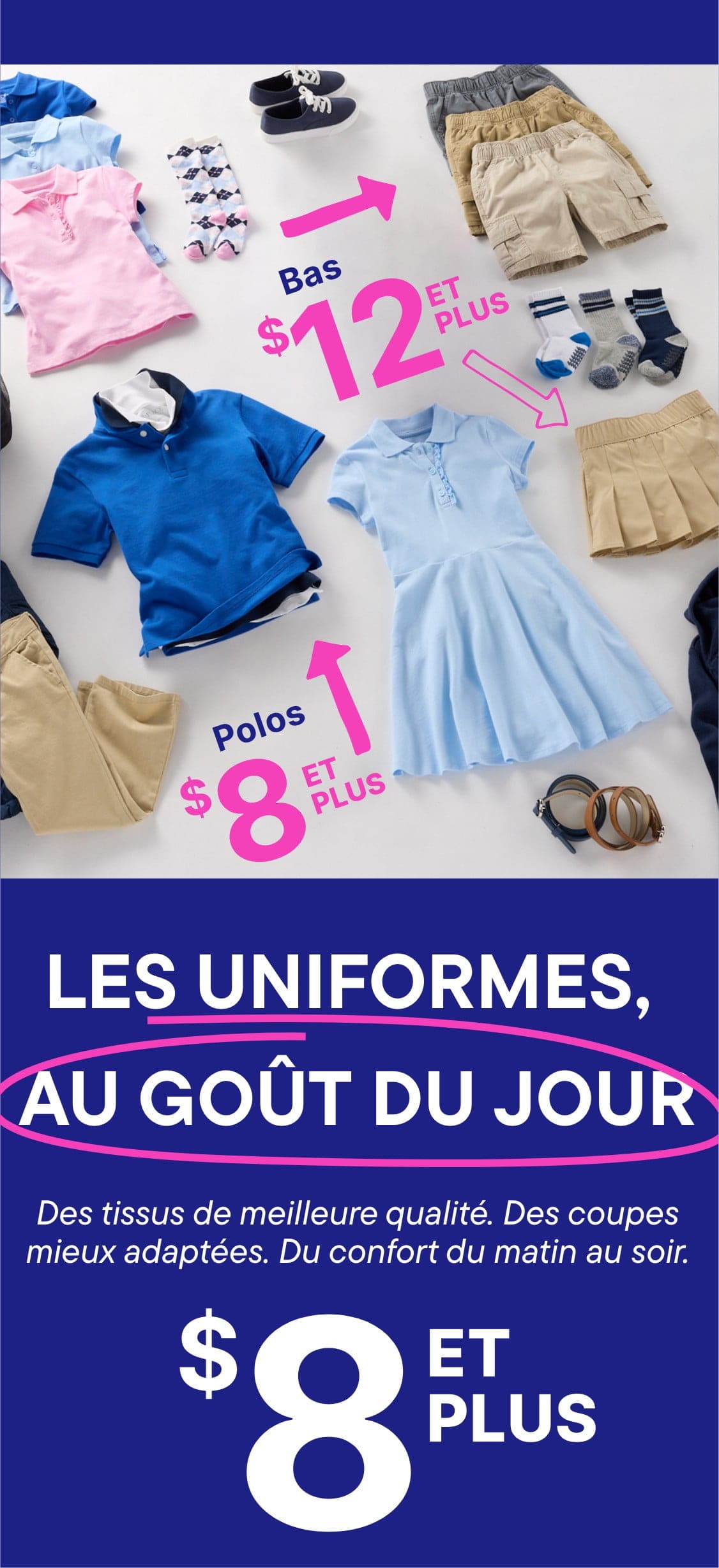 L'image présente une variété d'articles vestimentaires pour enfants, notamment des chemises, des pantalons, des robes et des accessoires, disposés sur un fond blanc avec des étiquettes de prix indiquant des prix réduits.
