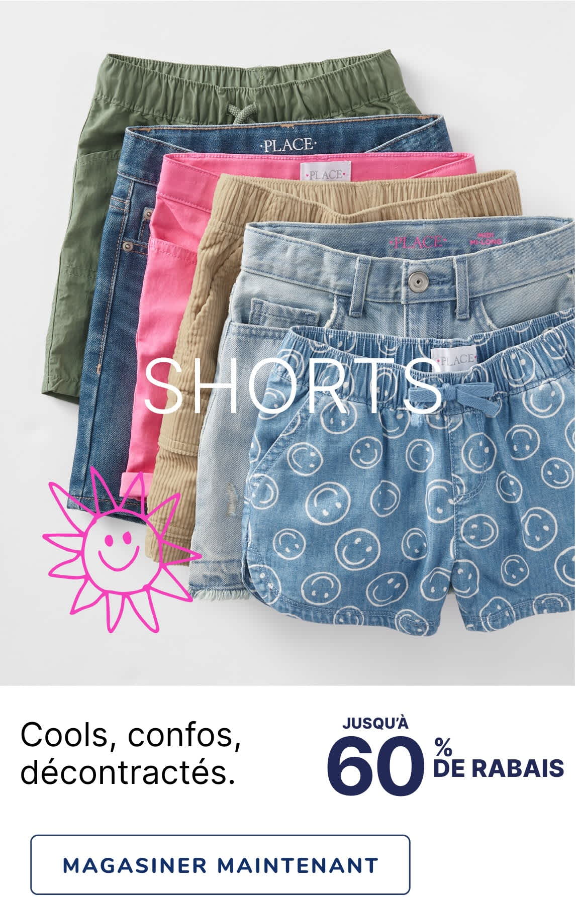 Une collection de shorts colorés et décontractés dans divers styles et motifs, notamment en denim, en velours côtelé et en motifs imprimés, présentés sur un fond uni avec une étiquette de prix indiquant qu'ils coûtent 5 $ et plus.