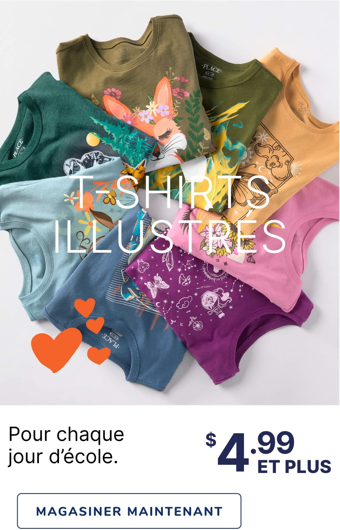 Un assortiment coloré de t-shirts graphiques et d'accessoires, y compris une superposition de texte « Graphic Tee », affiché sur un fond uni.