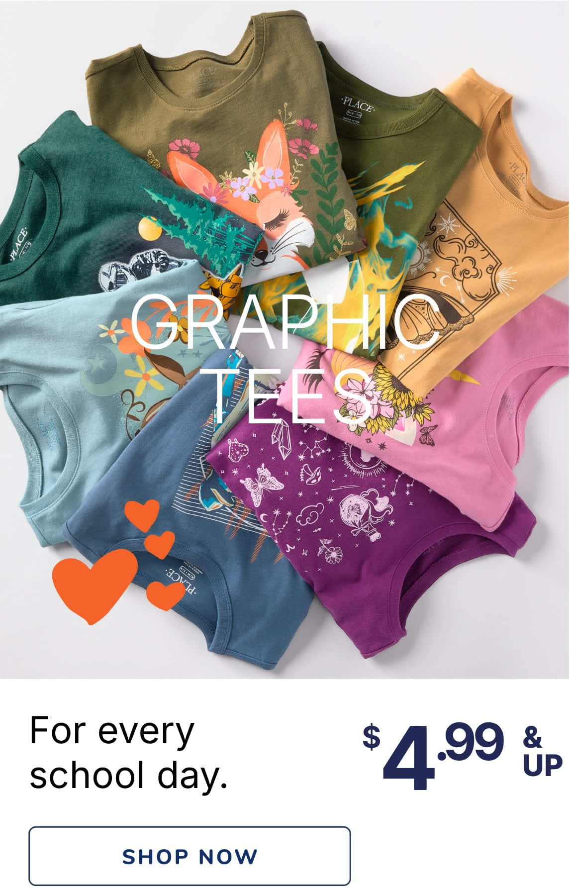 A colorful assortment of graphic t-shirts and accessories, including a "Graphic Tee" text overlay, displayed on a plain background.