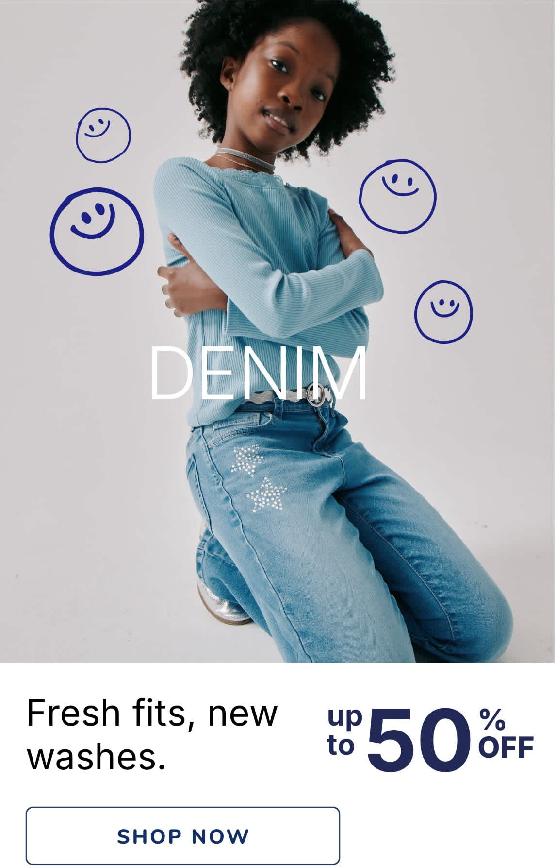 The image features a young woman with curly dark hair wearing a light blue denim jacket and jeans, standing with her arms crossed and a slight smile on her face. The background is a plain white surface, with several blue smiley face icons surrounding her.