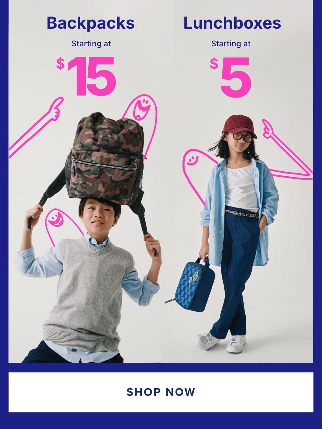 A collection of colorful and patterned backpacks and pencil cases, arranged against a plain white background.