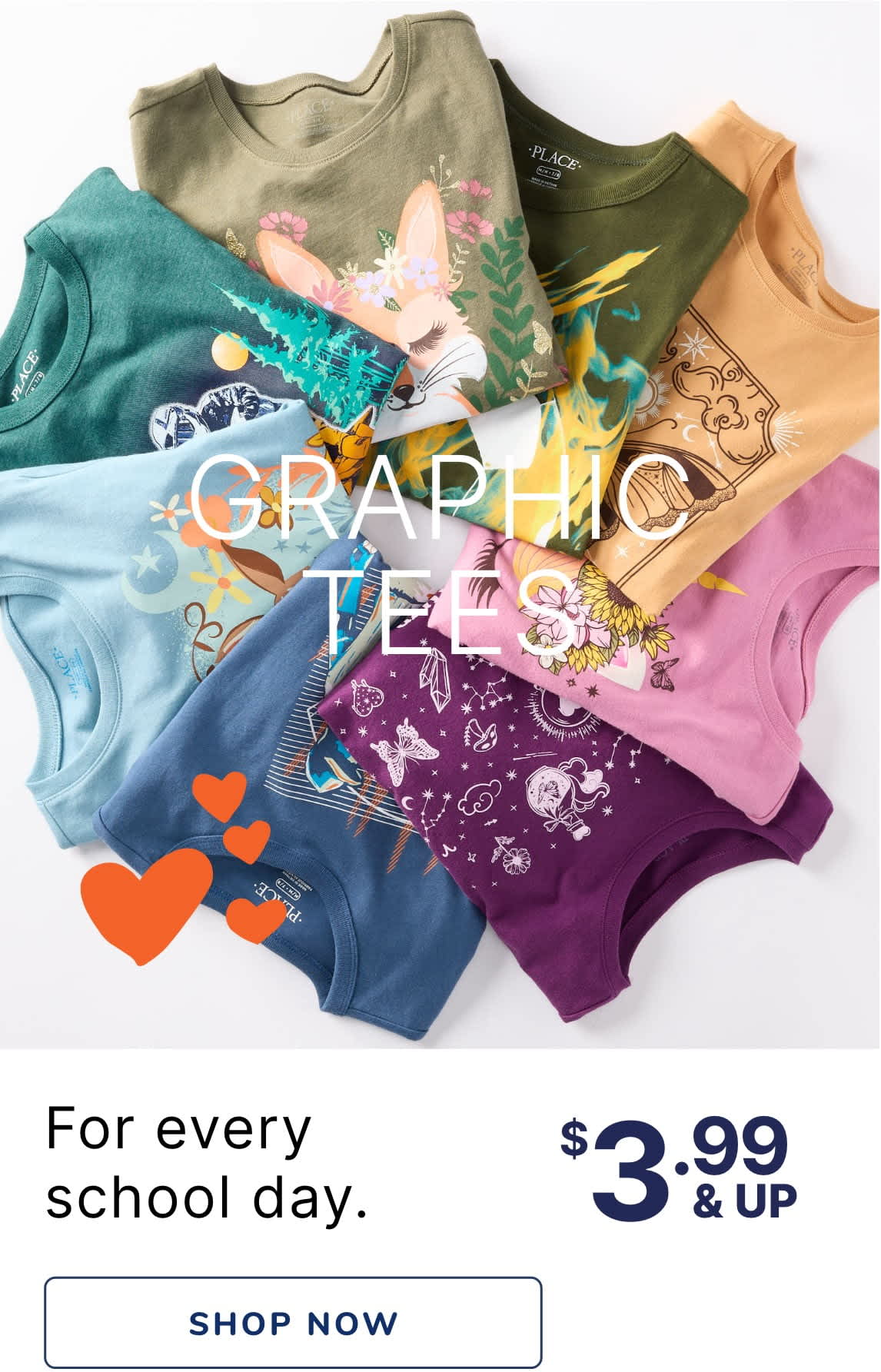 A colorful assortment of graphic t-shirts and accessories, including a variety of designs and patterns, displayed on a plain background.