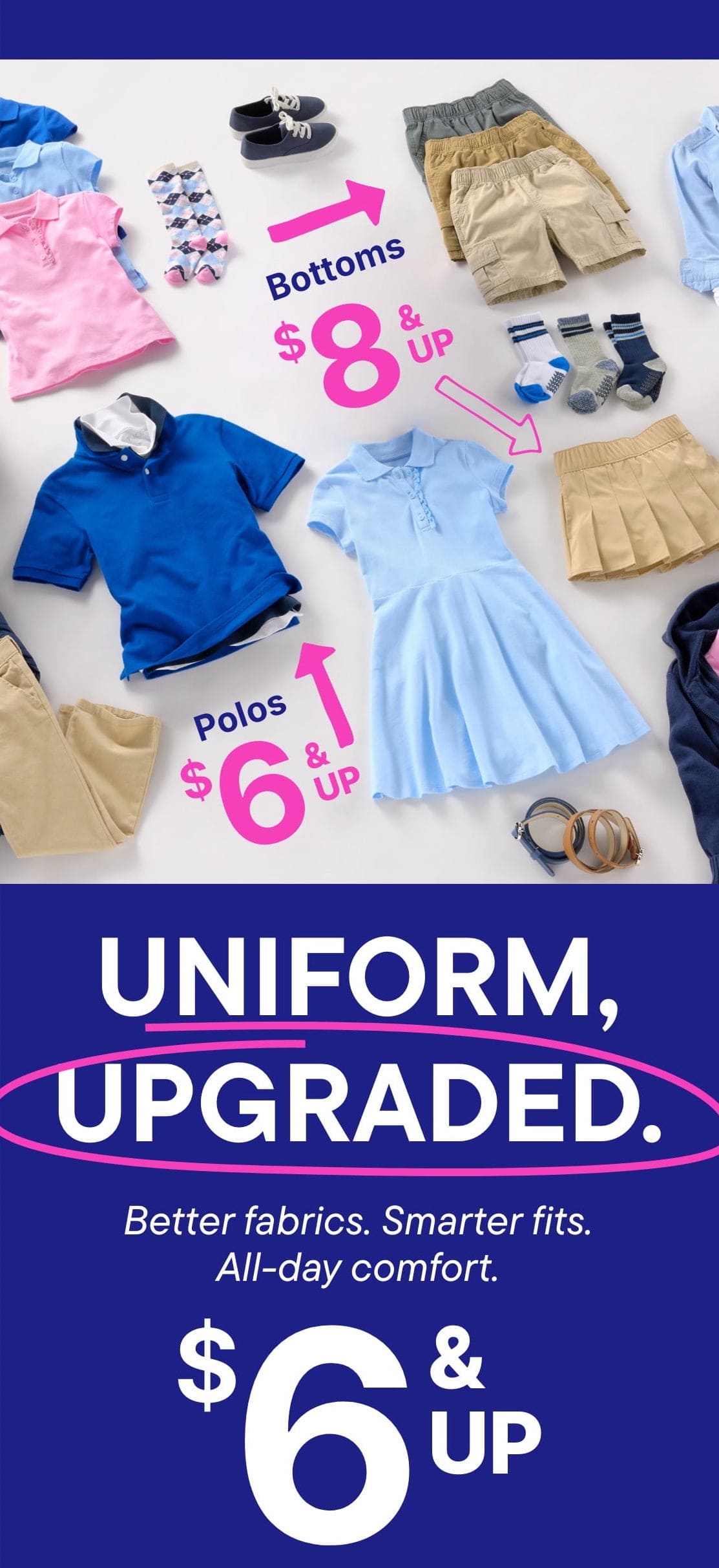 The image displays a variety of children's clothing items, including shirts, pants, dresses, and accessories, arranged on a white background with price tags and labels indicating the cost and quality of the items.