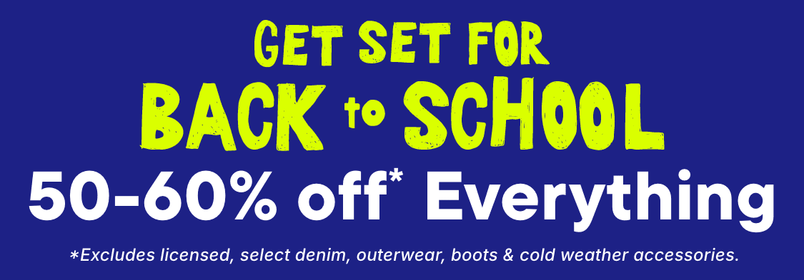 The image displays large yellow text on a blue background, reading "I FOR BACK" and "50% off Every*", with an asterisk indicating exclusions.