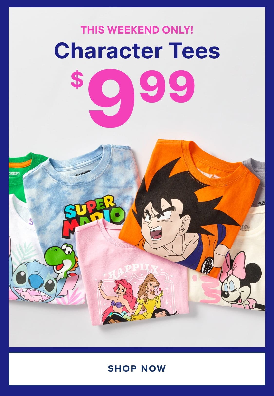 The image displays a variety of colorful character-themed t-shirts, including designs featuring Stitch, Goku, and other popular cartoon and anime characters, against a white background with a "Weekend Only!" sale banner.
