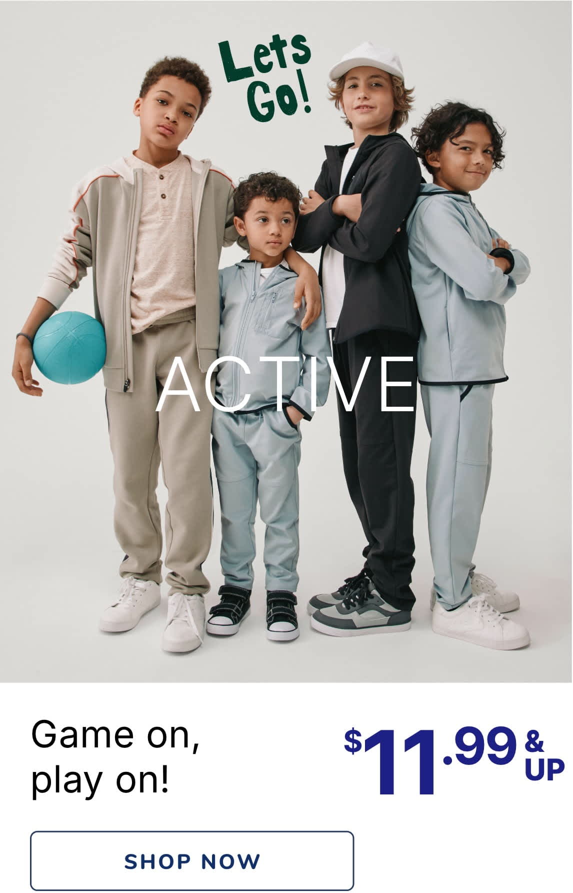 The image features a group of young children wearing casual clothing and posing together, with a "Let's Go!" sign and the word "ACTIVE" prominently displayed in the background.