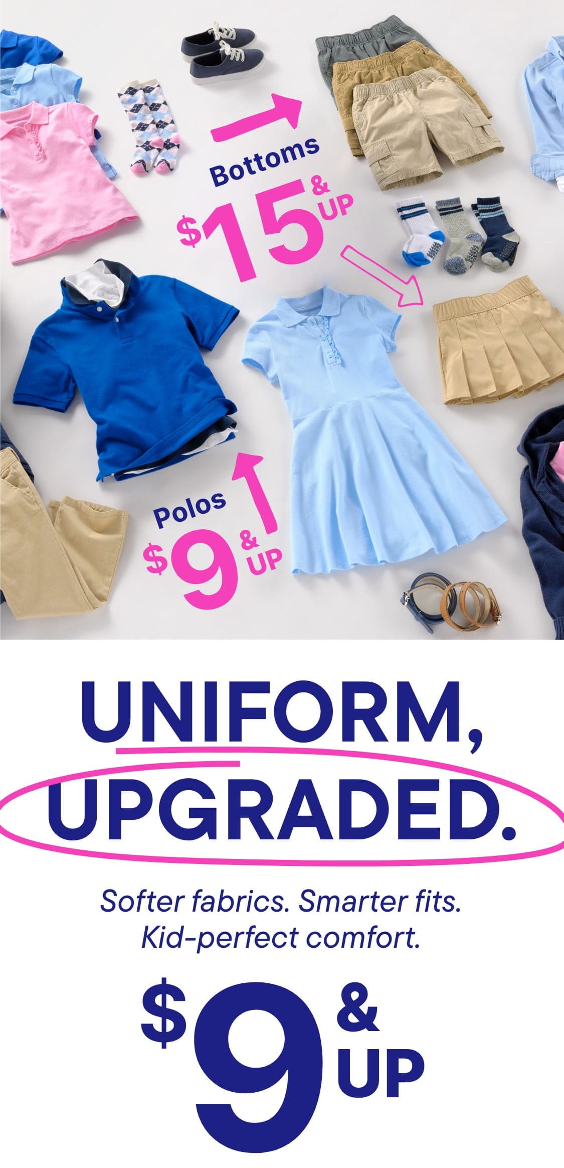 The image displays a variety of children's clothing items, including shirts, pants, dresses, and accessories, arranged on a white background with price tags indicating discounted prices.