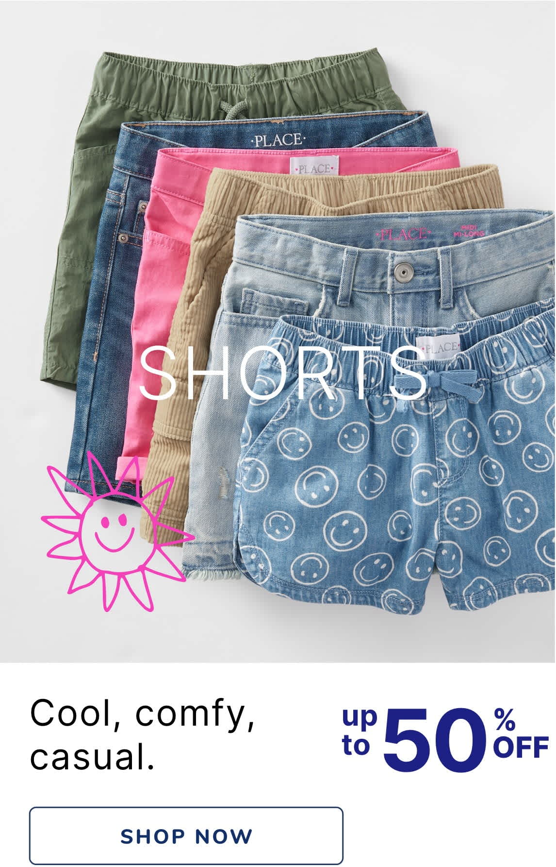 A collection of colorful, casual shorts in various styles and patterns, including denim, corduroy, and printed designs, displayed on a plain background with a price tag indicating they are $5 and up.