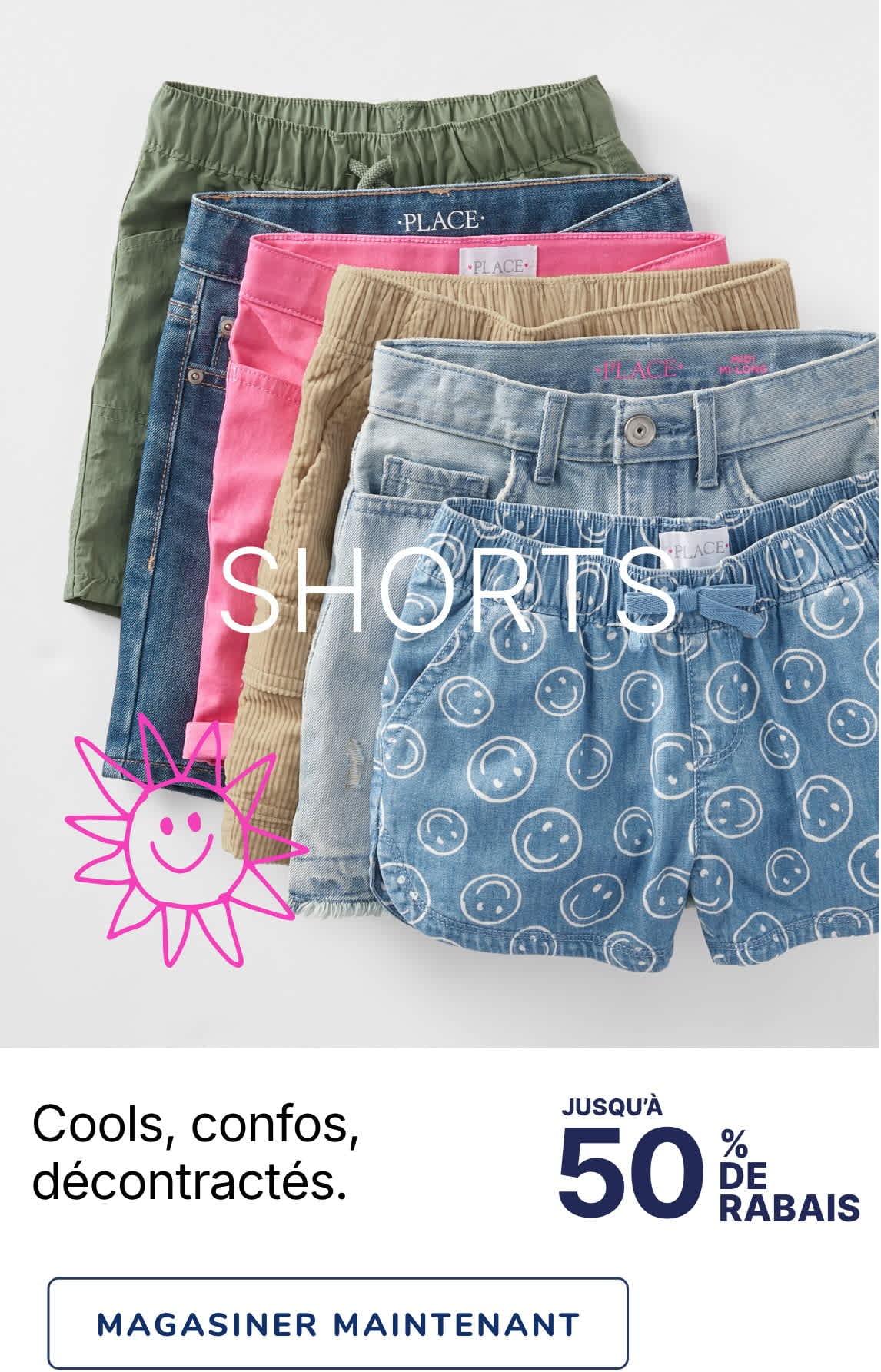 Une collection de shorts colorés et décontractés dans divers styles et motifs, notamment en denim, en velours côtelé et en motifs imprimés, présentés sur un fond uni avec une étiquette de prix indiquant qu'ils coûtent 5 $ et plus.