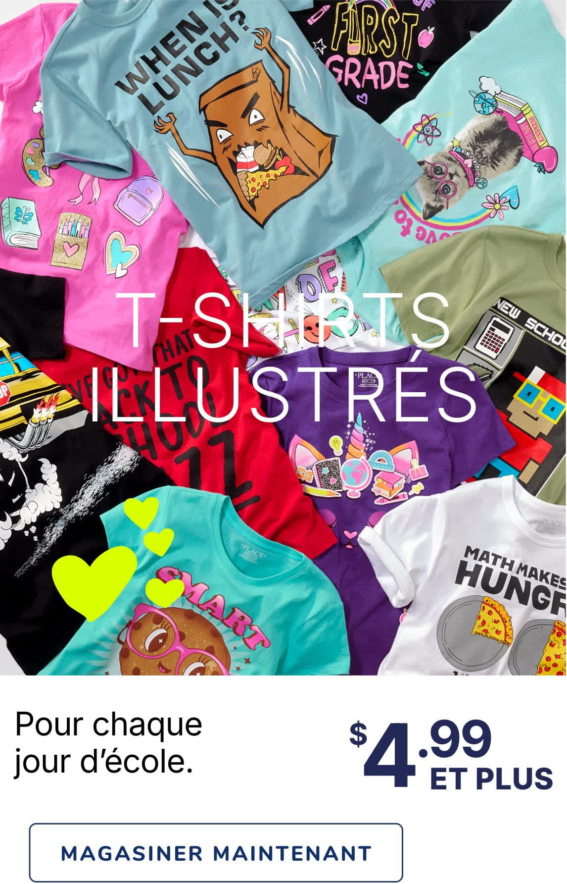Un assortiment coloré de t-shirts graphiques et d'accessoires, y compris une superposition de texte « Graphic Tee », affiché sur un fond uni.