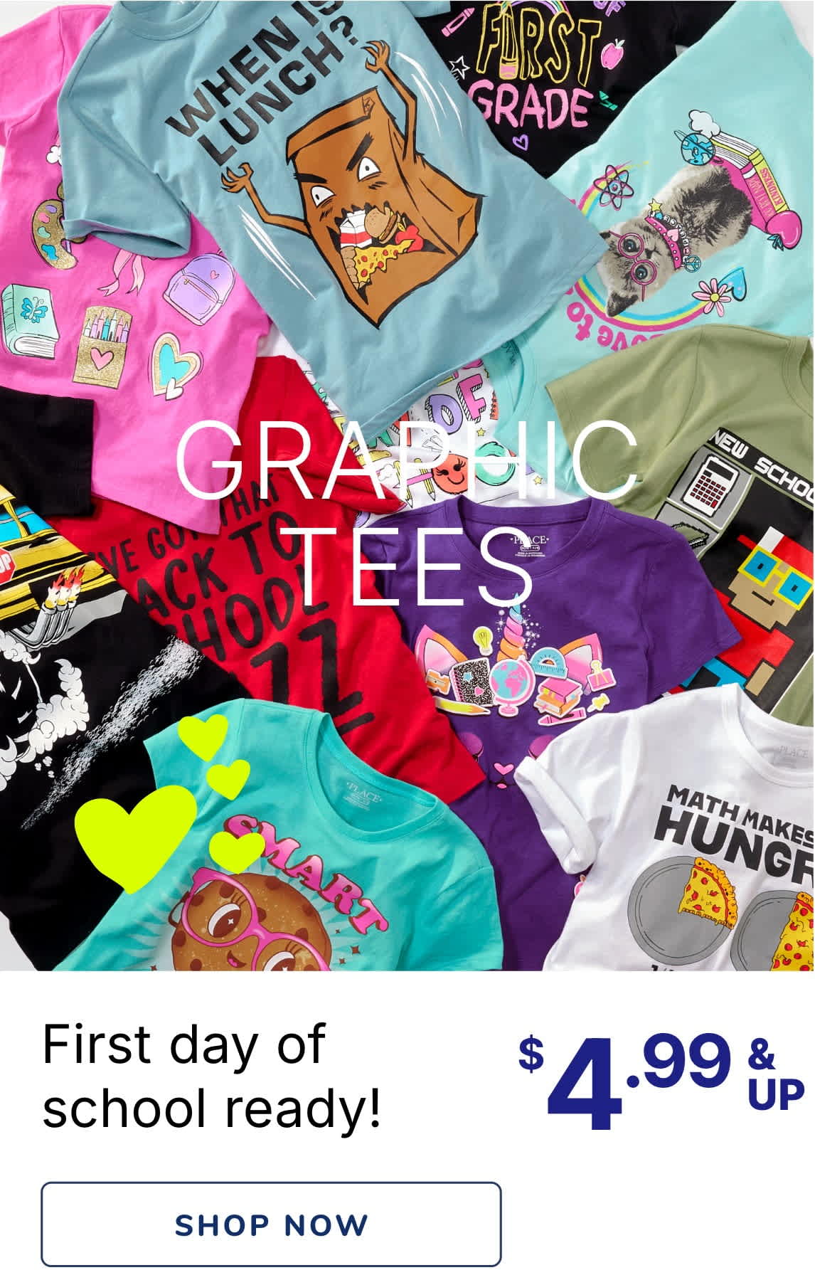 The image displays a variety of colorful graphic t-shirts featuring various designs and slogans, including characters, text, and patterns. The background showcases a promotional banner advertising the first day of school and the price of the t-shirts.