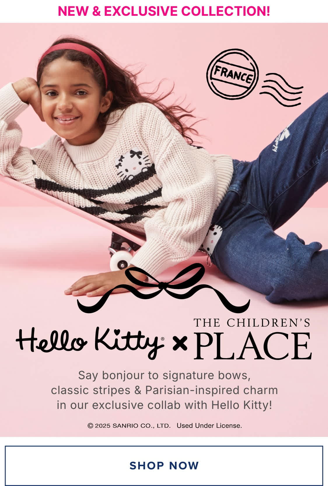 A young girl with long, dark hair is posing in a pink and white sweater against a pink background featuring the "Hello Kitty" logo and text promoting a new children's clothing collection.