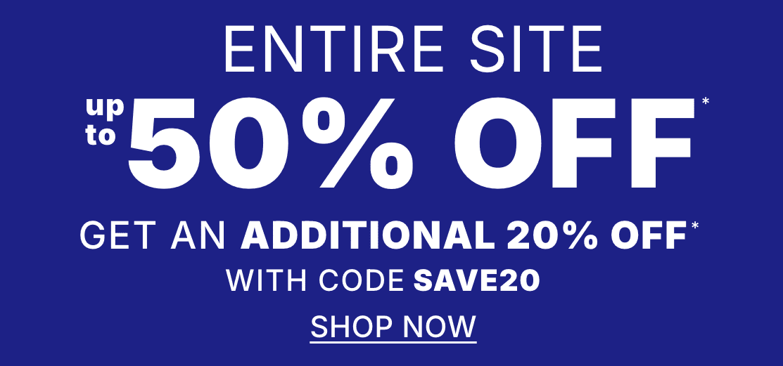 The image displays the text "ENTIRE SITE up to 50% OFF* WITH CODE SAVE20" against a vibrant blue background.