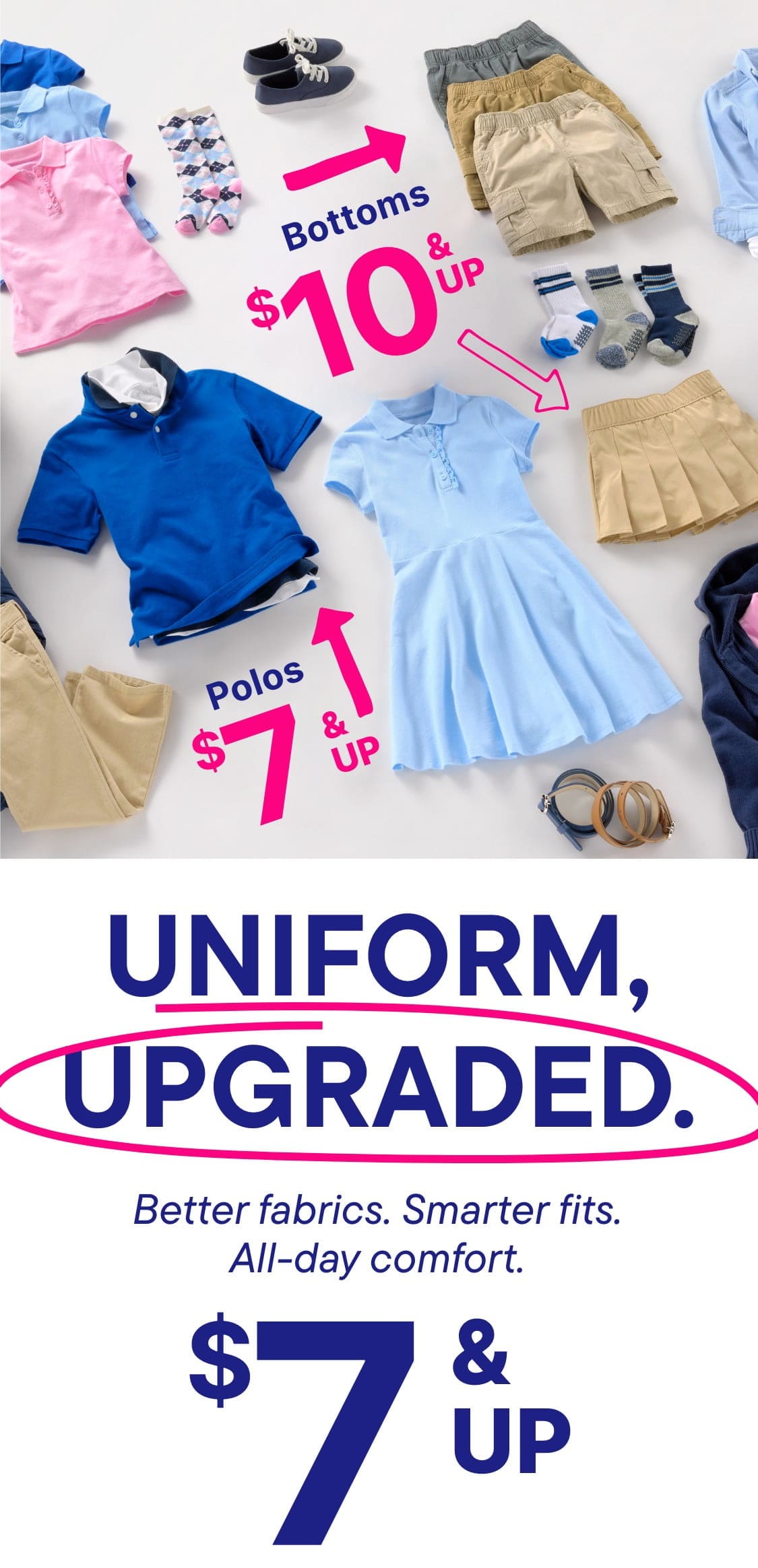 The image displays a variety of clothing items, including backpacks, polos, and bottoms, along with pricing information and a promotional message about upgraded uniforms.