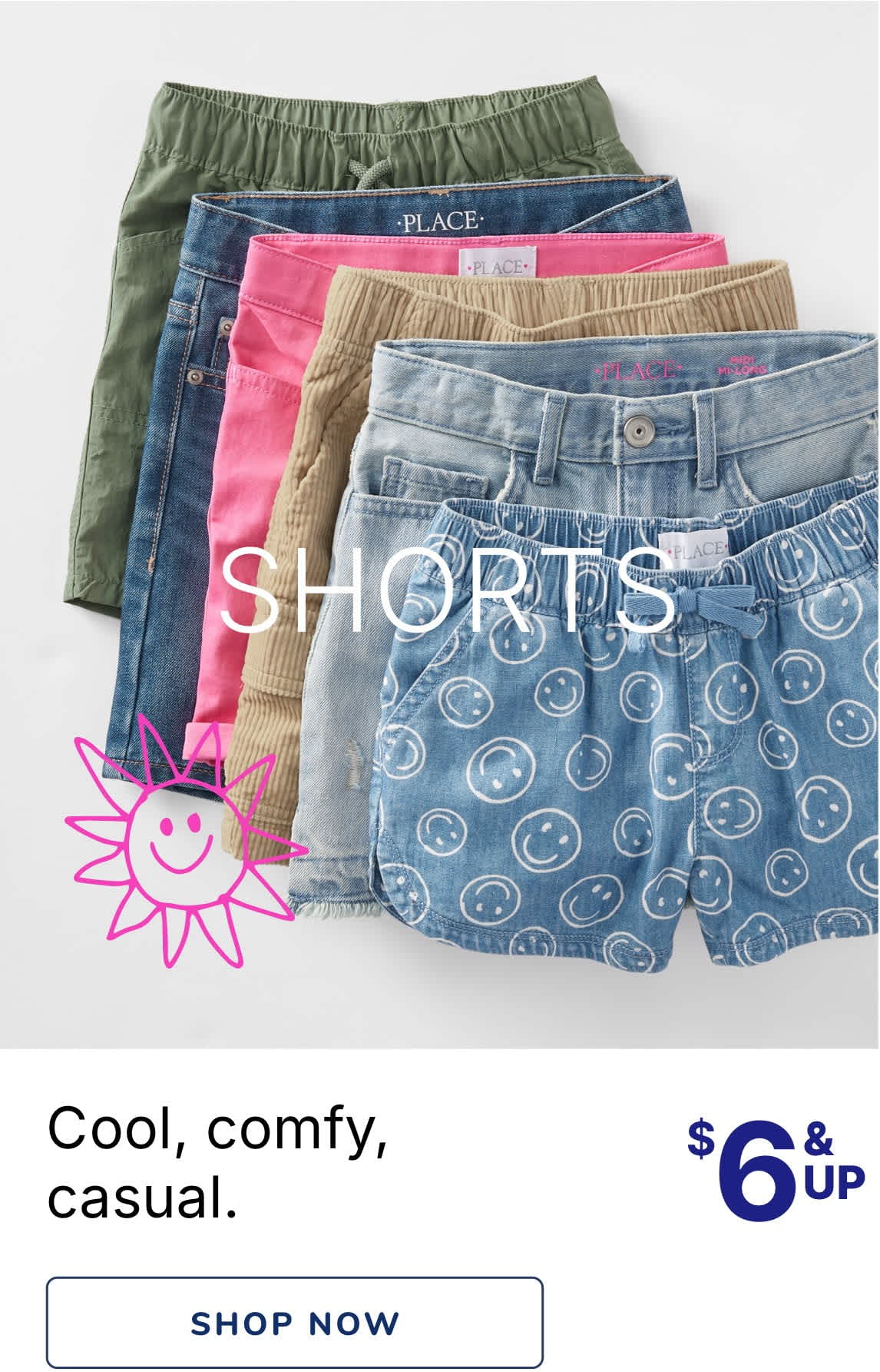 A collection of colorful, casual shorts in various styles and patterns, including denim, corduroy, and printed designs, with a price tag indicating they are $5 and up.