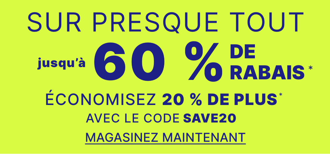 The image displays the text "ALMOST EVERYTHING up to 60% OFF* WITH CODE SAVE20" against a bright yellow background.