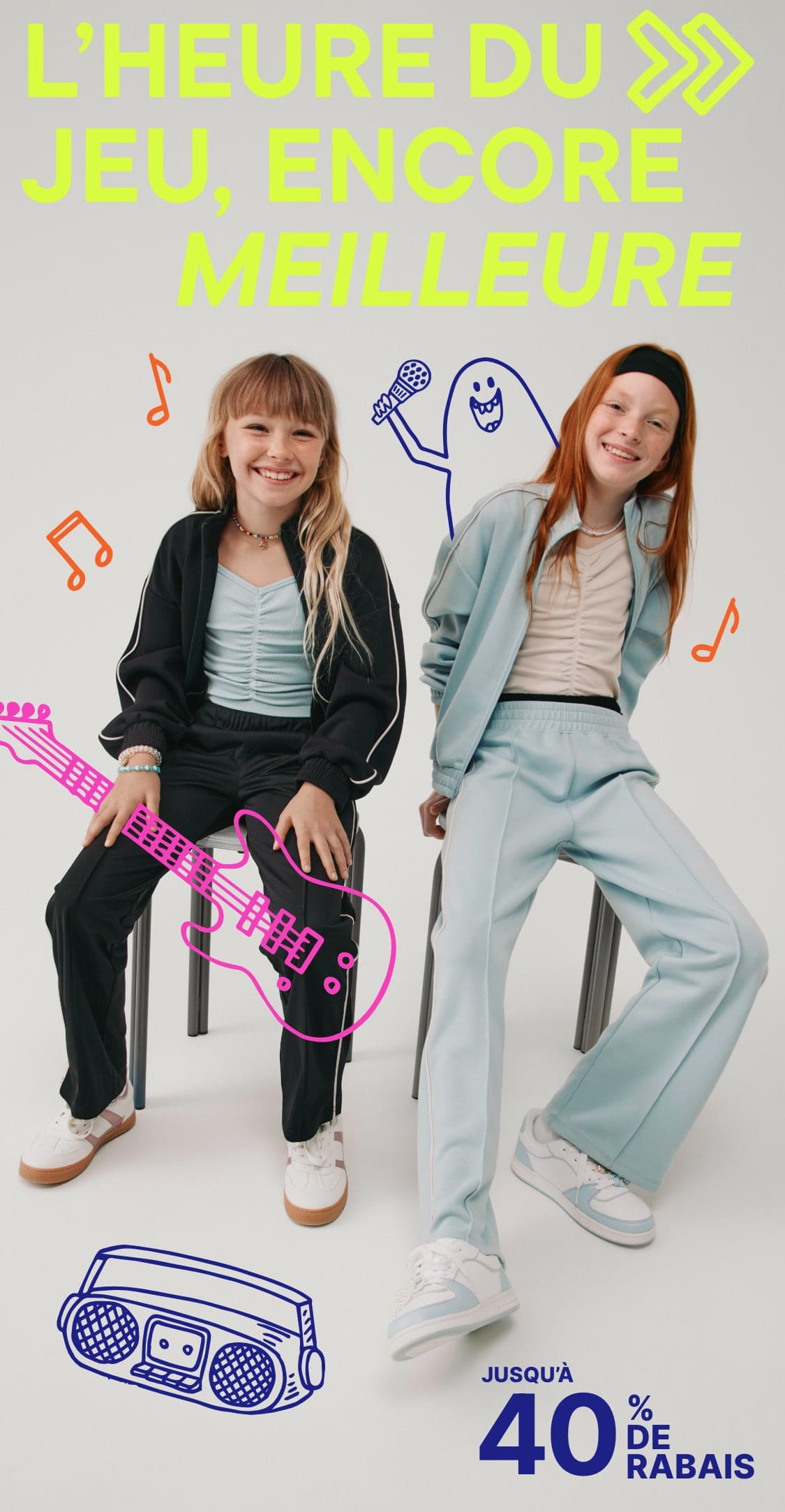 Two young women in casual attire posing in front of a colorful background with musical notes and a price tag of up to 40% Off.
