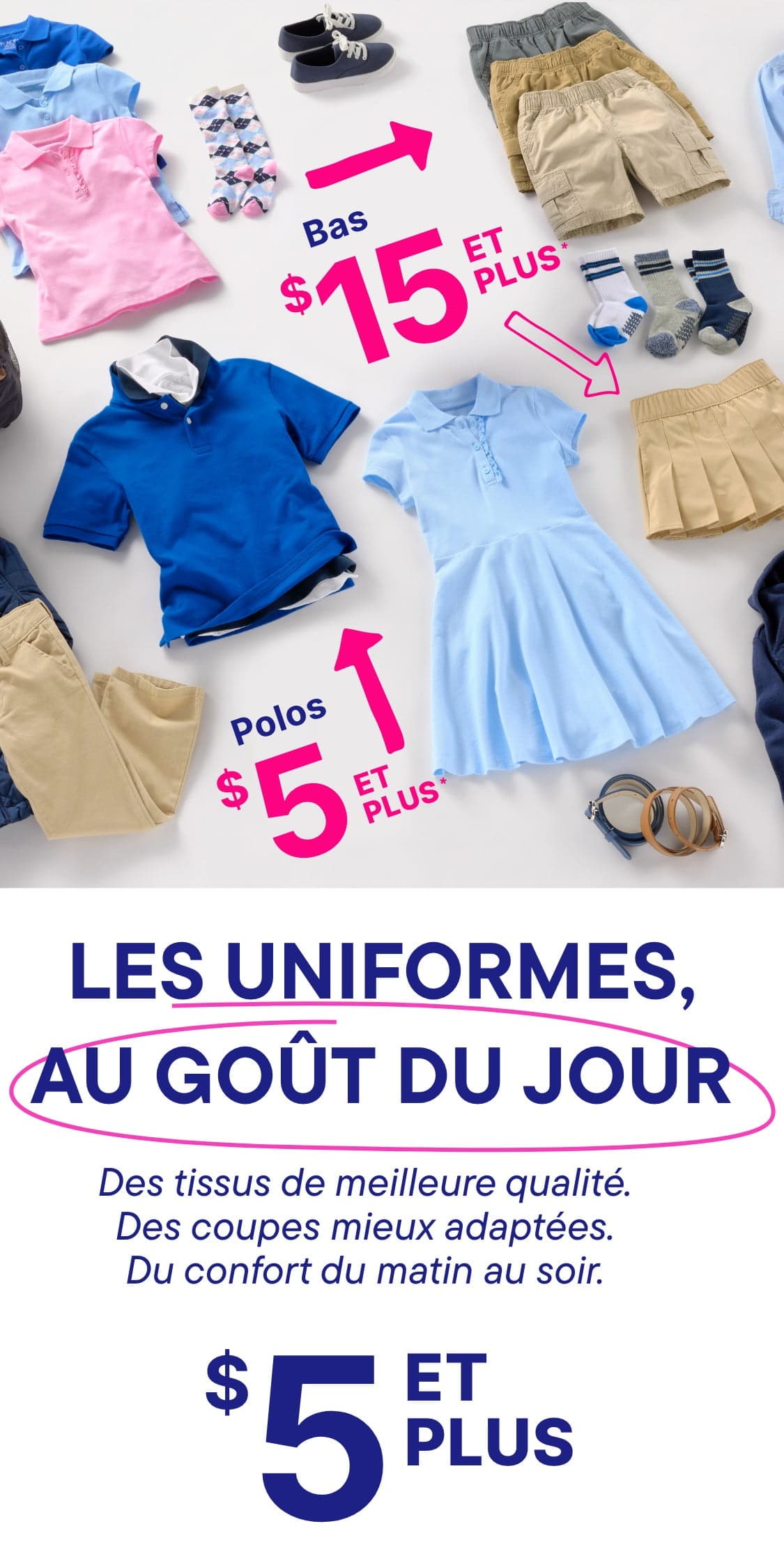 L'image présente une variété d'articles vestimentaires pour enfants, notamment des chemises, des pantalons, des robes et des accessoires, disposés sur un fond blanc avec des étiquettes de prix indiquant des prix réduits.