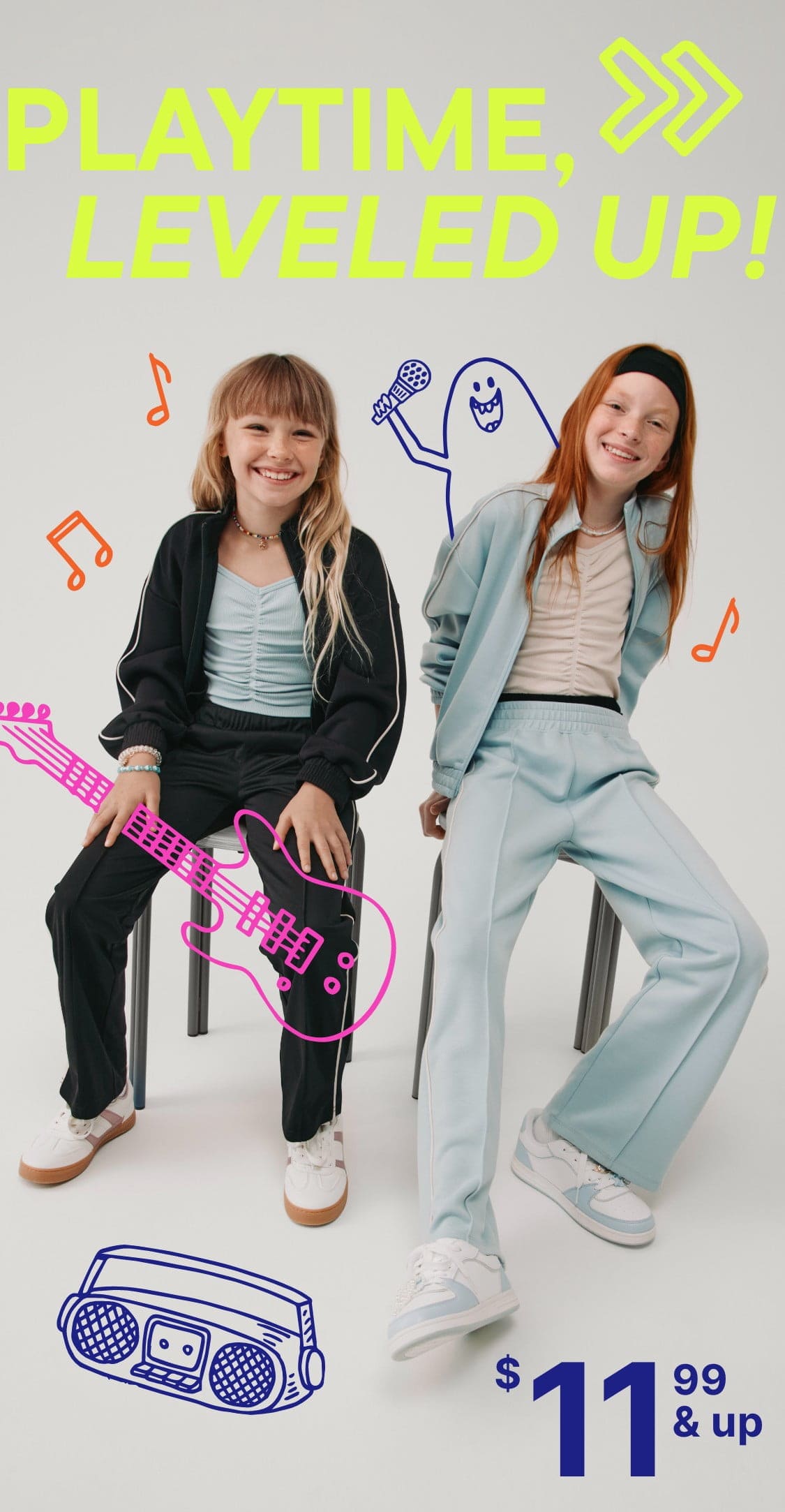 Two young women in casual attire posing in front of a colorful background with musical notes and a price tag of $11.99 and up.