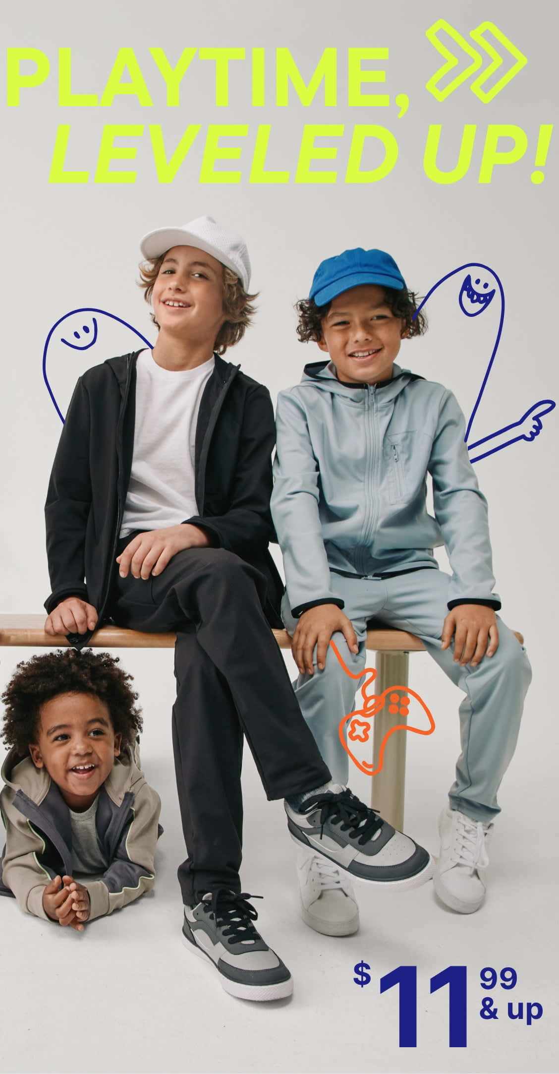 A group of young people, dressed in casual attire, posing together in front of a white background with text and graphics promoting a product or service.