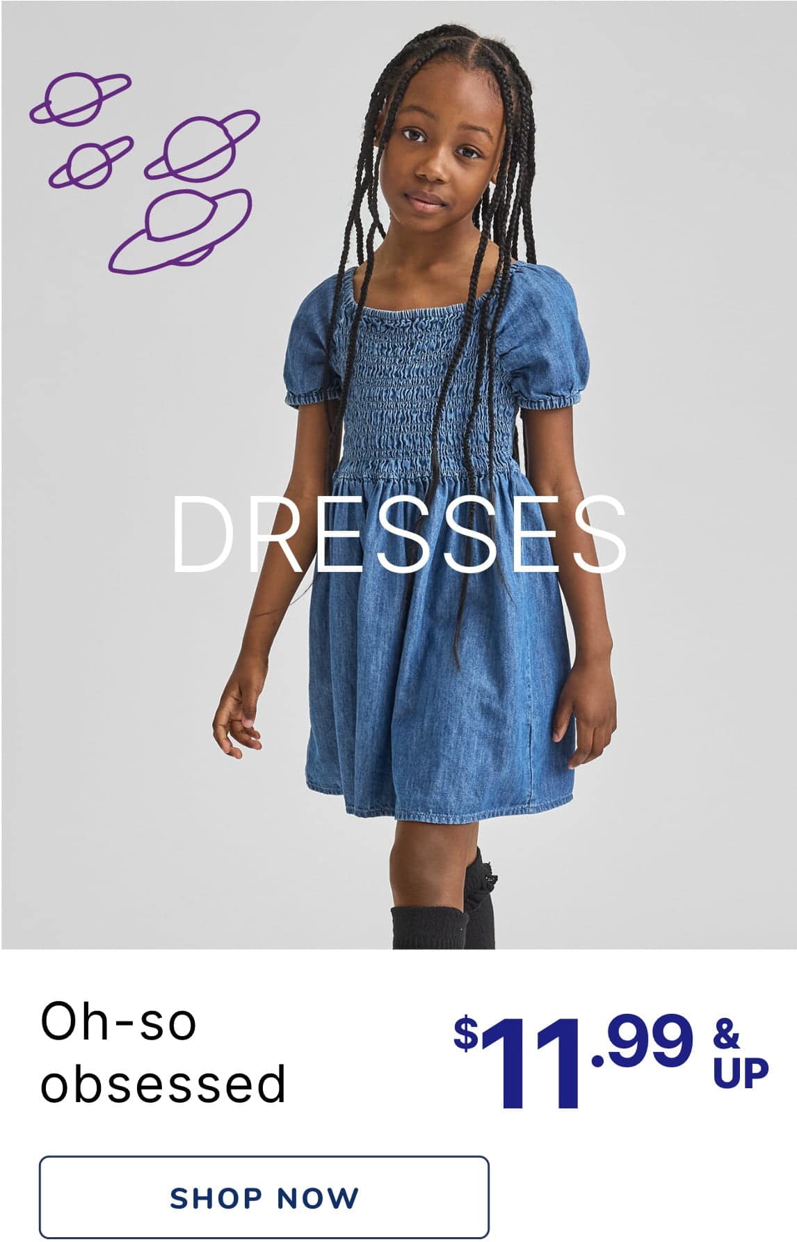 The image shows a young girl wearing a blue denim dress with puff sleeves, standing against a plain background with purple doodles. The girl has braided hair and a warm, friendly expression on her face.
