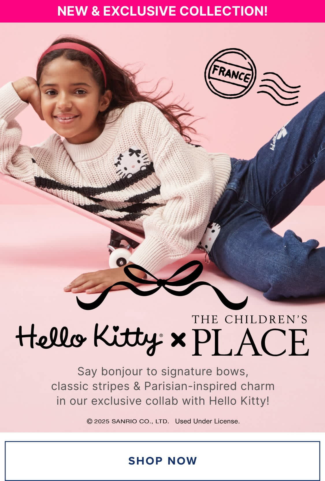 A young girl with long, dark hair is posing in a pink and white sweater against a pink background featuring the "Hello Kitty" logo and text promoting a new children's clothing collection.