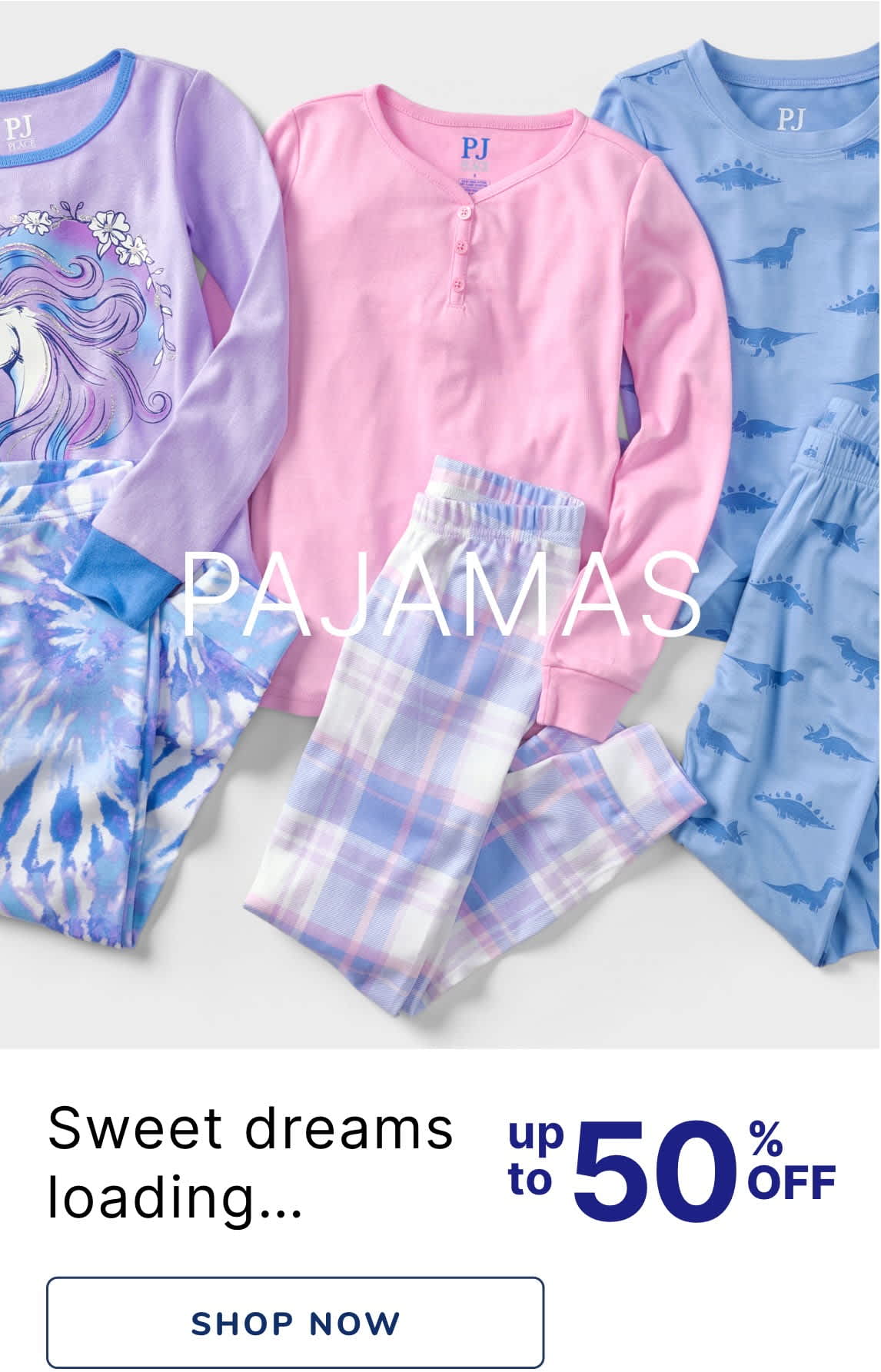 The image displays a collection of colorful pajama sets, including a lavender set with a whimsical design, a pink set with a plaid pattern, and a blue set with a cloud-like pattern. The background features a promotional message about a sale on these pajama sets.