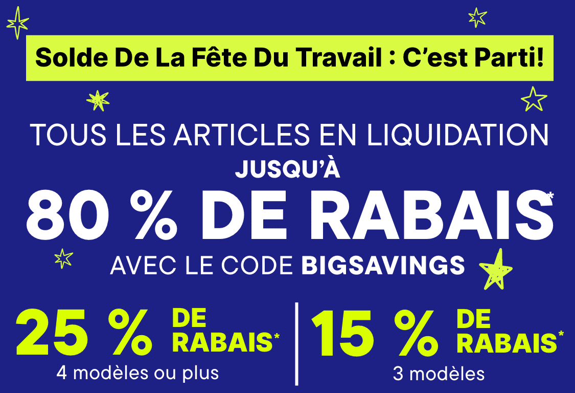 L'image montre une publicité de vente du 4 juillet comportant un grand texte « 75 % DE RÉDUCTION » sur un fond bleu vif, ainsi que le texte « 100 NOUVEAUX STYLES AJOUTÉS » et « TOUS LES Liquidation».