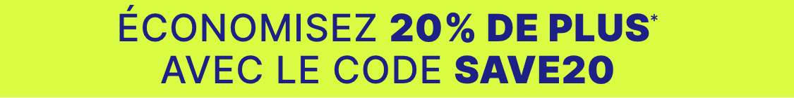 The image displays the text "ENTIRE SITE up to 50% OFF* WITH CODE SAVE20" against a bright yellow background.
