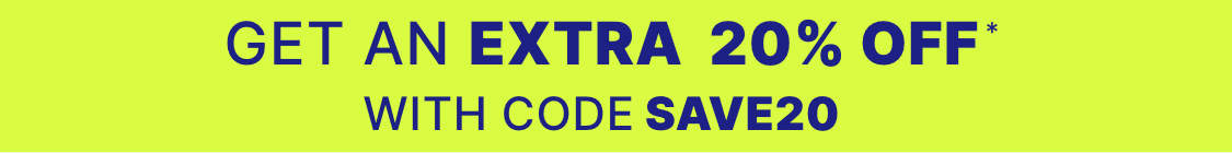 The image displays the text "ENTIRE SITE up to 50% OFF* WITH CODE SAVE20" against a bright yellow background.