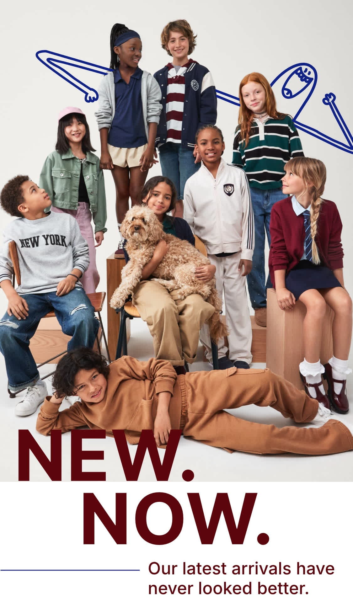 The image showcases a collage of various fashion models and clothing items, with the text "NEW. NOW." prominently displayed, indicating the latest fashion arrivals.