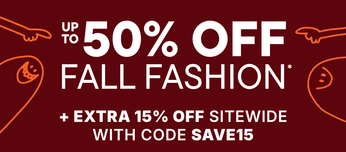 The image displays the word "up to 50% off fall fashion" in large white text against a deep red background, with the text "+ extra 15% off sitewide with code save15" written below in smaller white text.