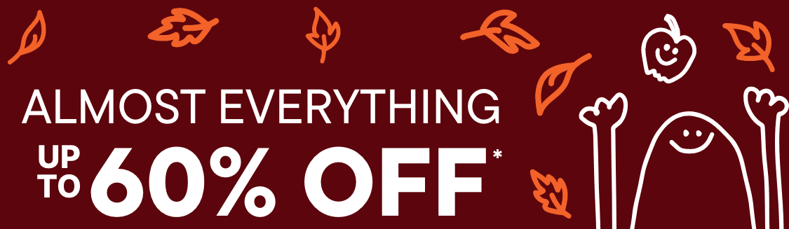 The image displays the word "Almost Everything up to 60% off" in large white text against a deep burgundy background.