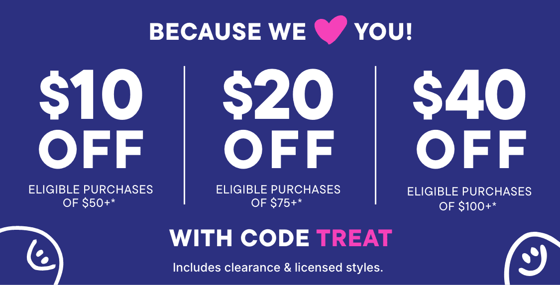 La imagen muestra una oferta promocional de $20 de descuento en compras elegibles de $75 o más, con el texto "¡PORQUE TE ♥!" y el código promocional "TREAT" destacado sobre un fondo azul vibrante.