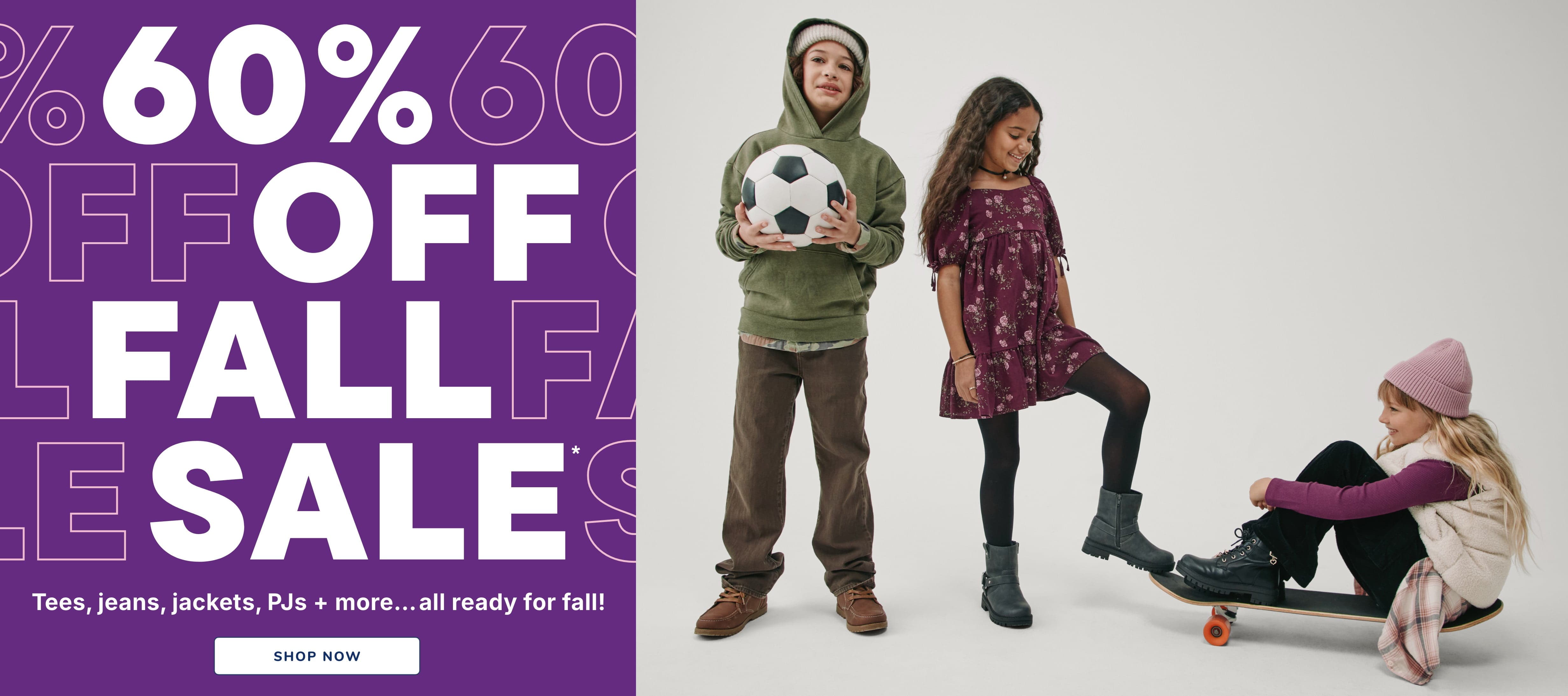 The image features two people, a man and a woman, standing together and holding a soccer ball. The background is a plain white wall, and the text overlay promotes a "60% off Fall Sale" for various clothing items.