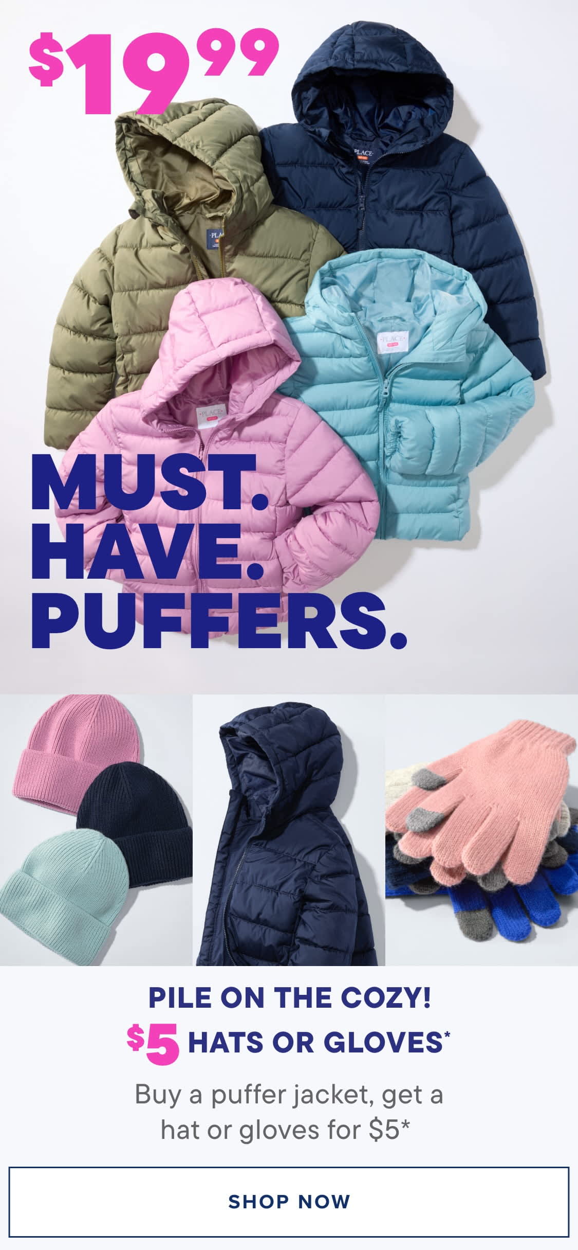 The image displays a variety of colorful puffer jackets, hats, and gloves, accompanied by a promotional message encouraging the purchase of these winter accessories.