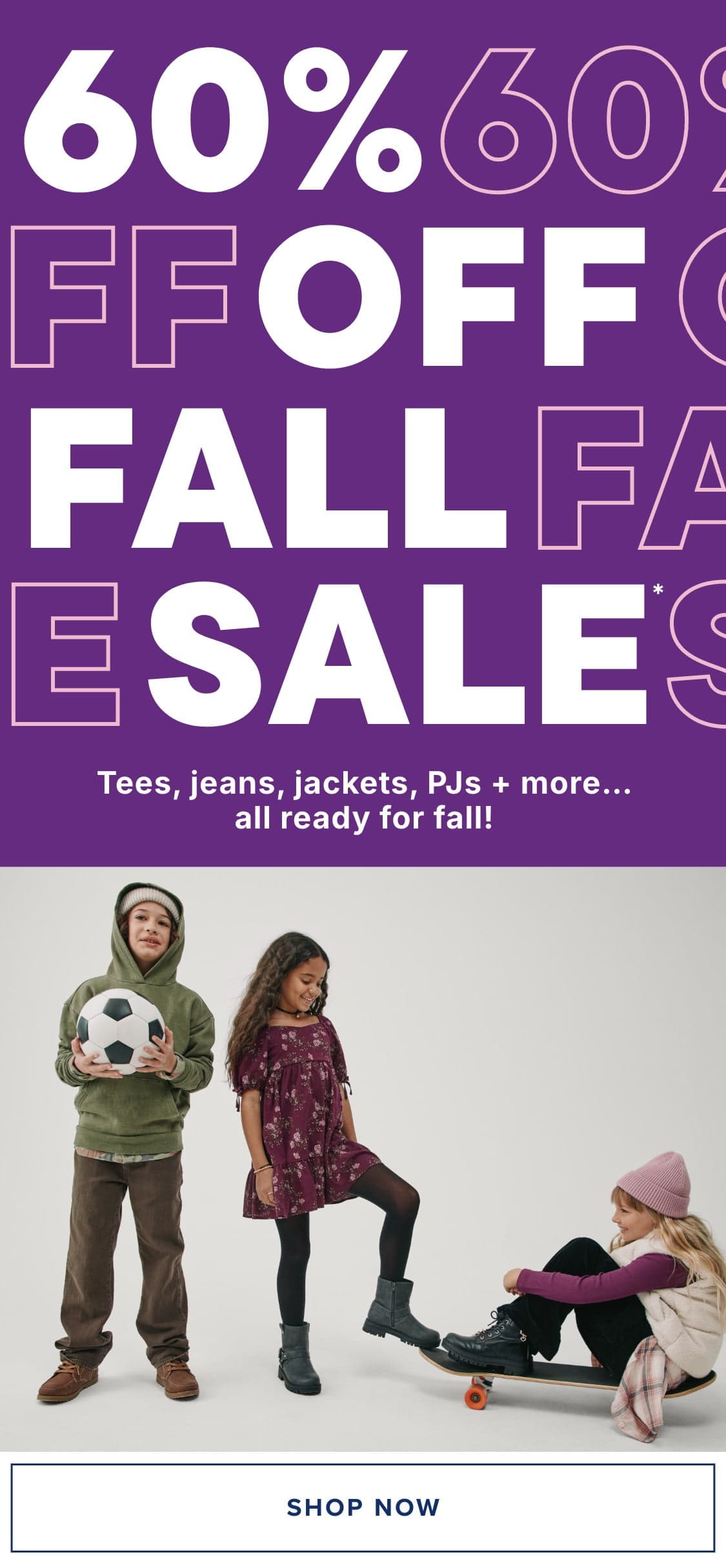 The image features two people, a man and a woman, sitting on the ground in a casual setting, with a large "60% OFF FALL SALE" text overlay prominently displayed.
