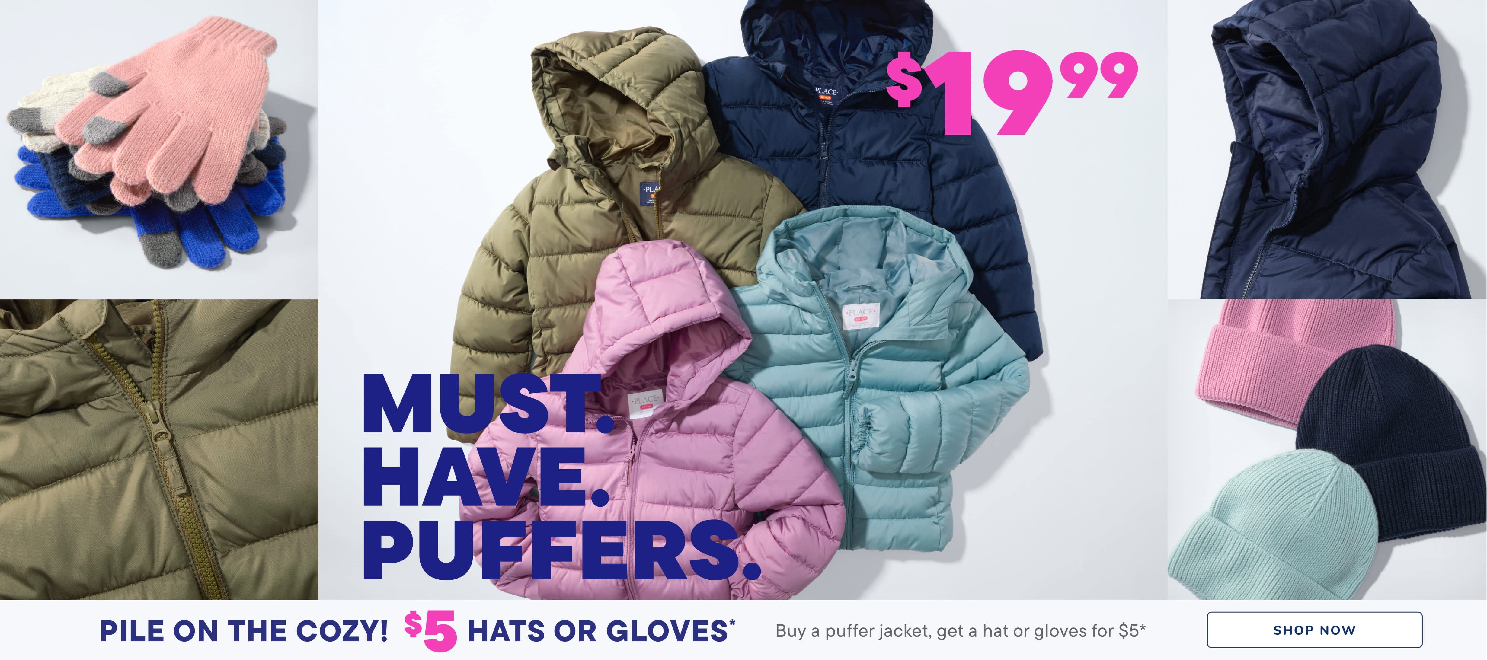The image displays a variety of winter clothing items, including puffer jackets, hats, and gloves, along with a promotional message highlighting the must-have nature of puffer jackets.