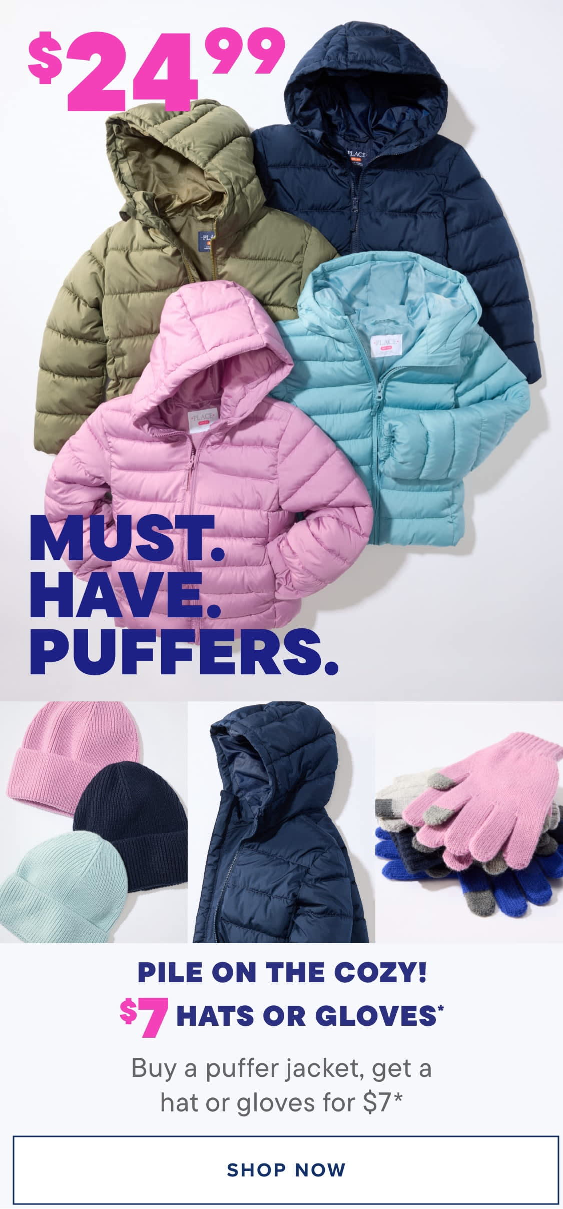 The image displays a variety of winter clothing items, including puffer jackets, hats, and gloves, with a price tag of $24.99 prominently displayed.