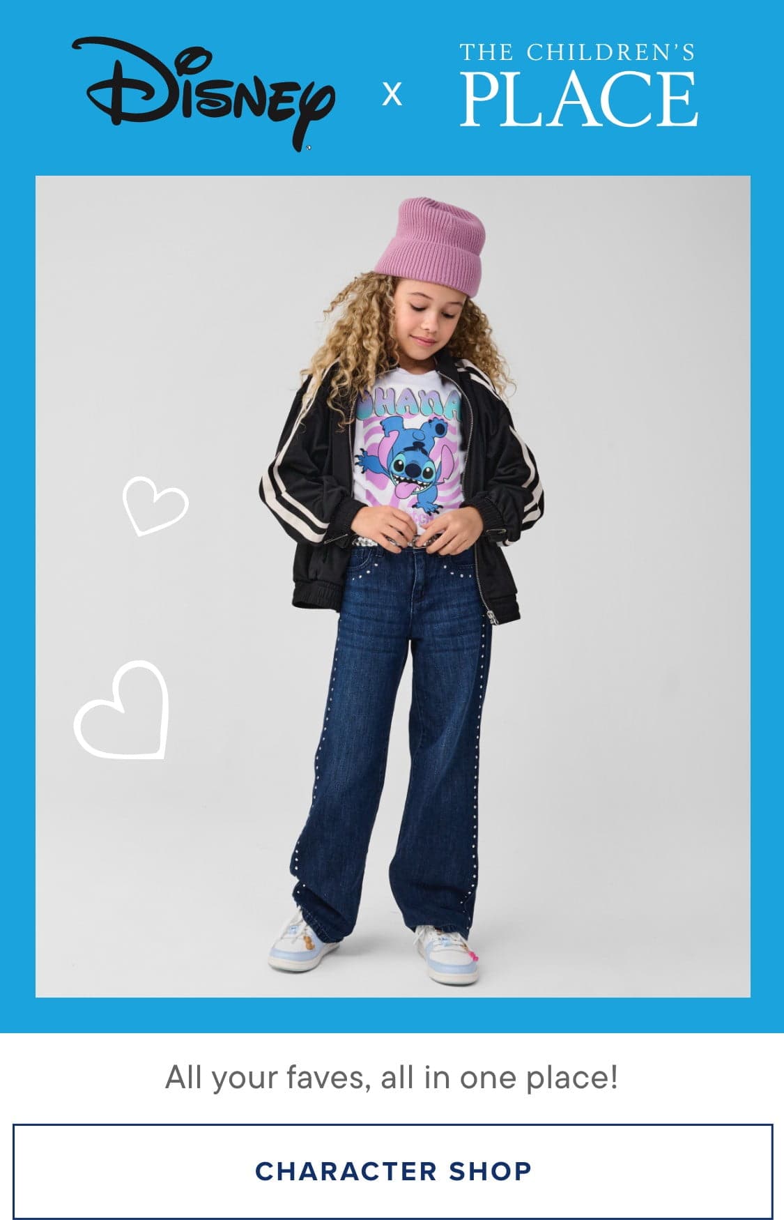 A young girl wearing a pink hat, black jacket, and jeans stands in front of a blue background with the Disney and The Children's Place logos.