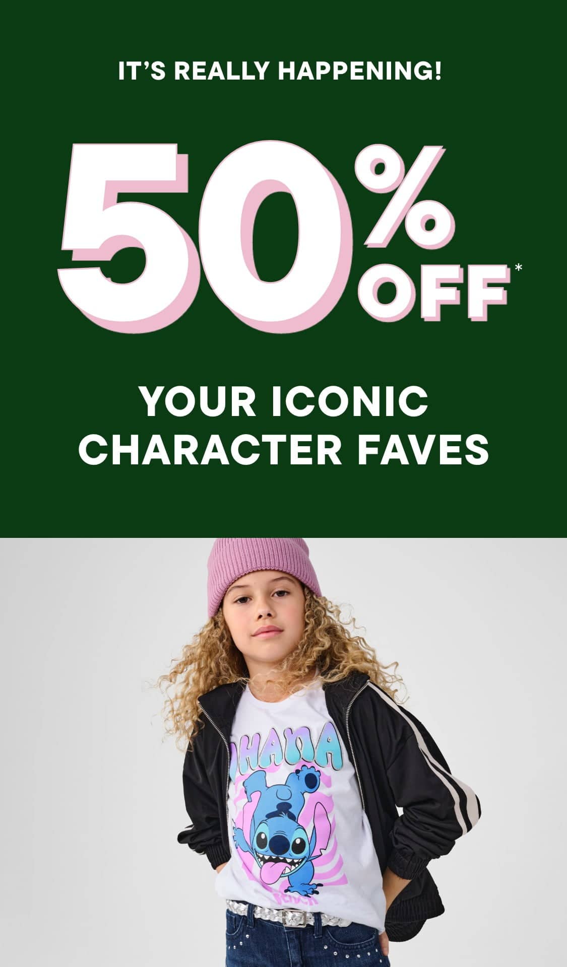 The image features a person wearing a pink hat and a t-shirt with a cartoon character design, standing in front of a green background that displays a 50% off sale promotion for "your iconic character faves".