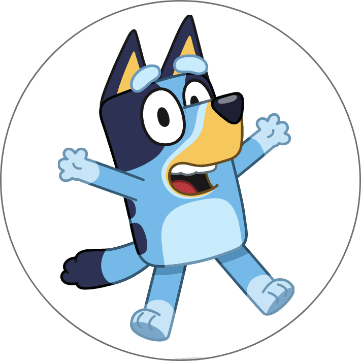 A cheerful, cartoon-style dog character with large eyes and a wide smile, wearing a blue and black outfit, appears to be jumping or moving excitedly against a plain white background.